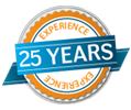 A 25 years experience badge with a blue and orange ribbon.