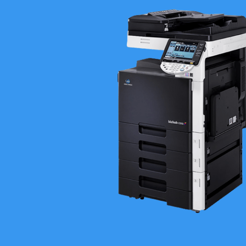 A black and white printer on a blue background