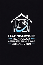 Techniservices Technology logo with house, thermometer, snowflake, and HVAC repair phone number 305 763 2709