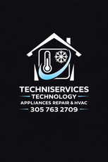 Techniservices Technology logo with house, thermometer, snowflake, and HVAC repair phone number 305 763 2709