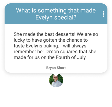 Testimonial card about Evelyn’s baking, praising her lemon squares for Fourth of July.