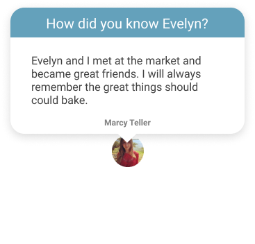 Testimonial card titled “How did you know Evelyn?” with a short quote and small profile photo below