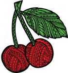 Stylized illustration of two red cherries on stems with a single leaf, featuring intricate Polynesian-inspired patterns.