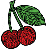 Stylized illustration of two red cherries on stems with a single leaf, featuring intricate Polynesian-inspired patterns.
