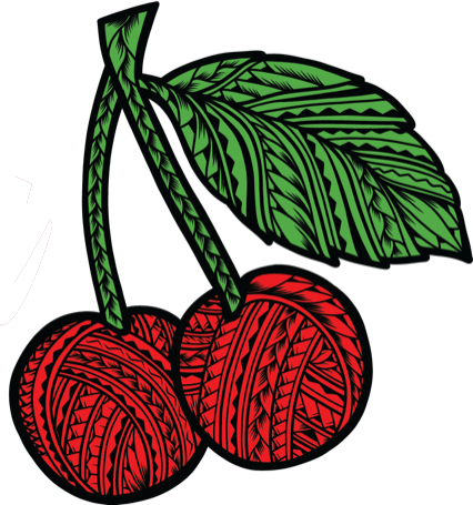A pair of red cherries with a green leaf, all decorated with intricate, black Polynesian-style tribal patterns.