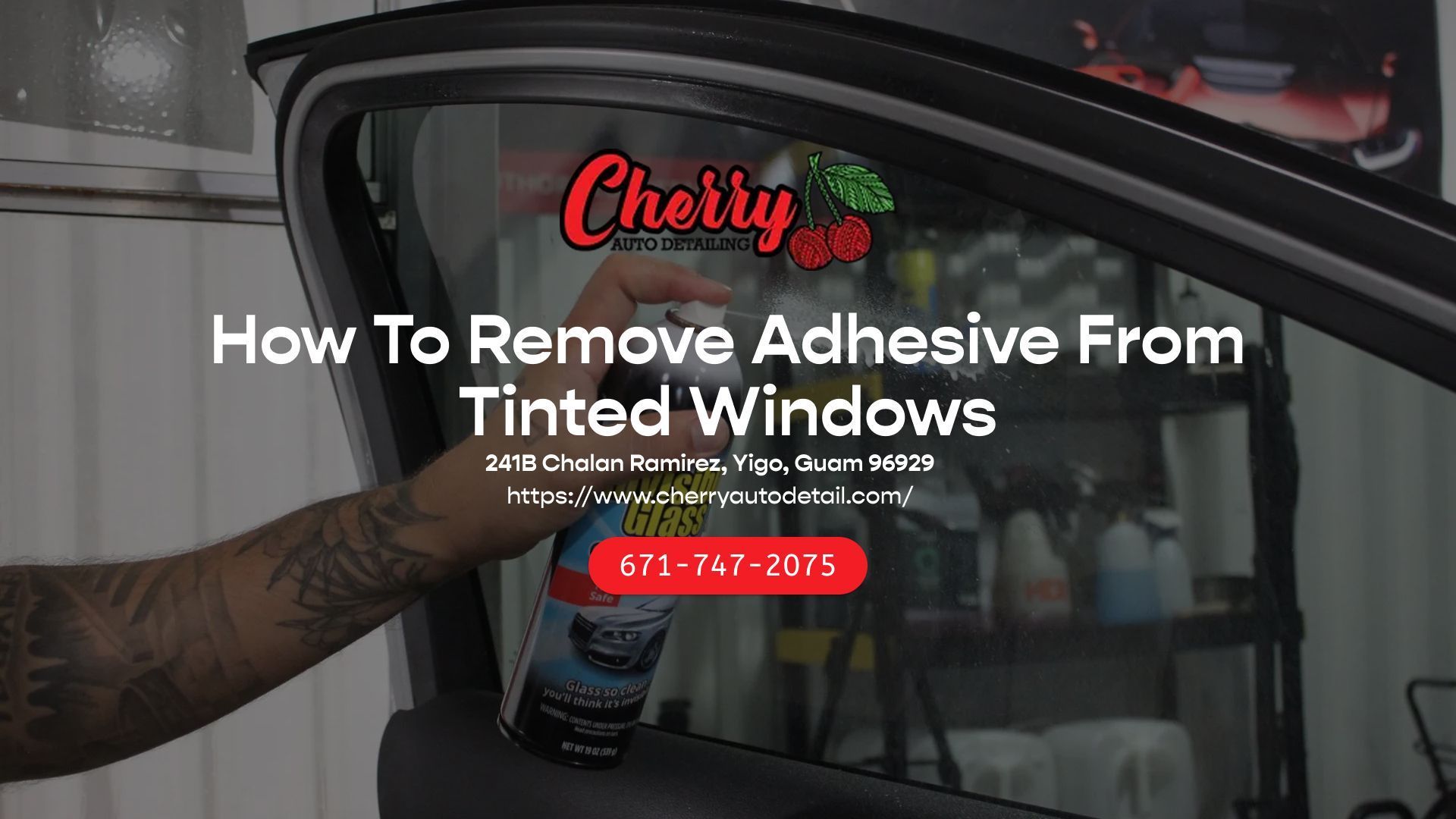 A hand sprays cleaner on a car window with the text overlay: 
