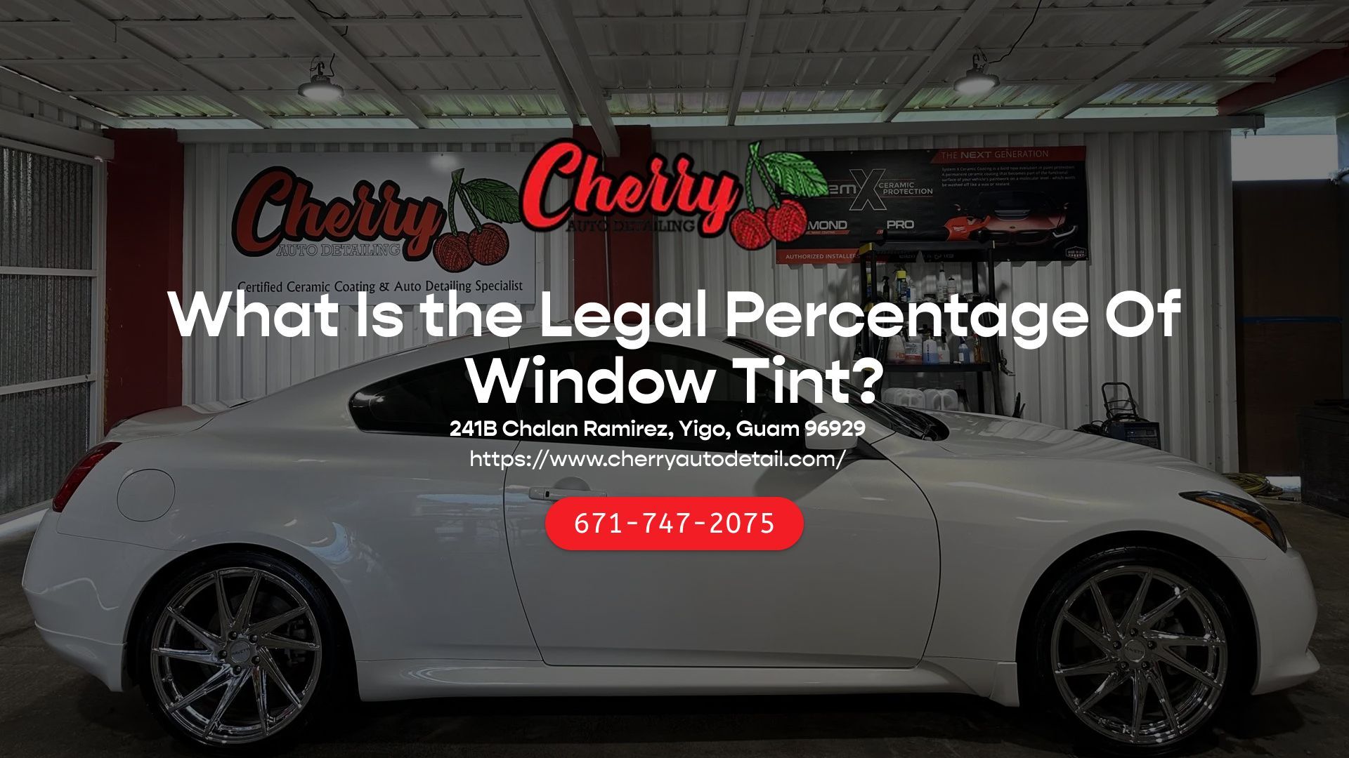A white coupe parked in an auto detailing shop with the overlay text 