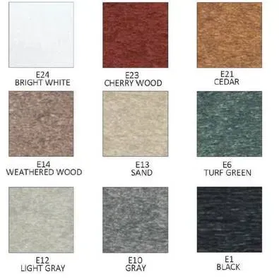 Color swatches: bright white, cherry wood, cedar, weathered wood, sand, turf green, light gray, gray, and black.
