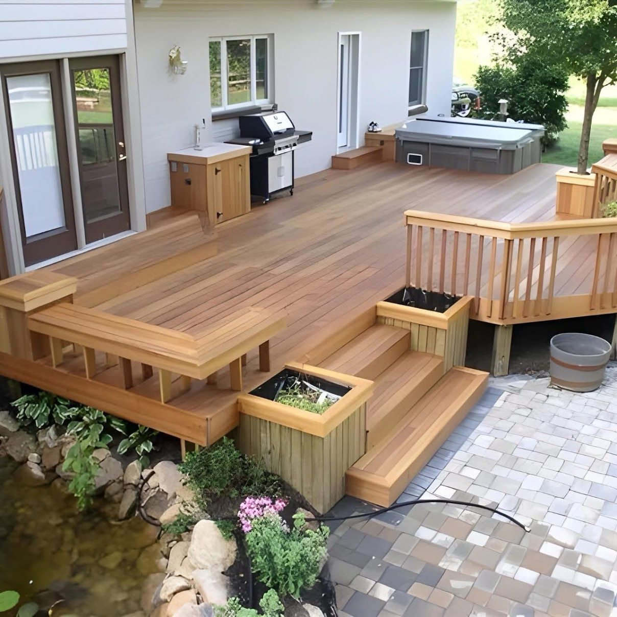 Concrete patio with steps leading to a porch; brown fence surrounds yard.