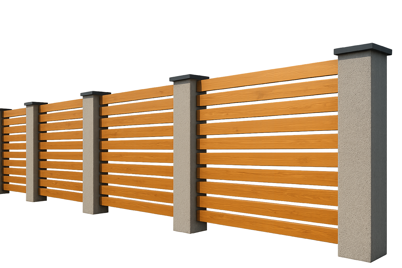 Horizontal wood plank fence with gray concrete posts, against a white background.