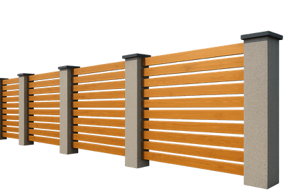 Horizontal wood plank fence with gray concrete posts, against a white background.