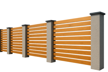 Horizontal wood plank fence with gray concrete posts, against a white background.