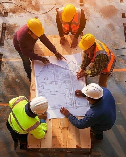 Construction crew in helmets reviewing blueprints on site, highlighting teamwork and safety planning