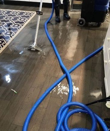 A vacuum cleaner is being used to clean a wooden floor.