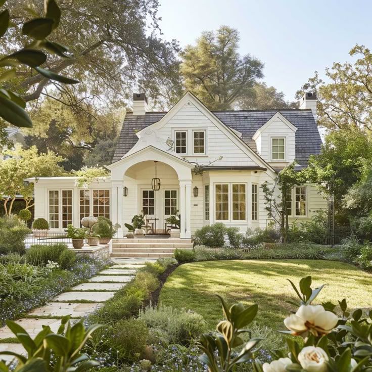 A white house with a walkway leading to it