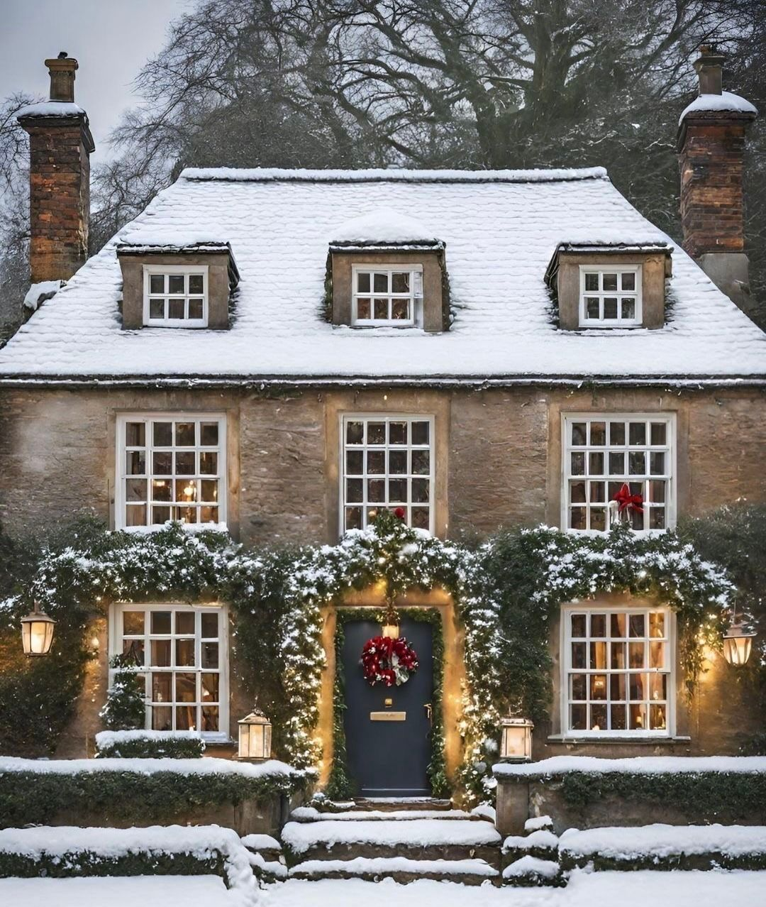 Snow-covered house with Christmas lights and wreath on the door.