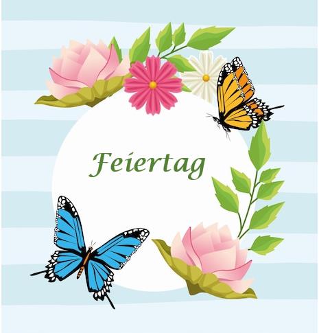 Blumendesign mit Schmetterlingen und dem Wort „Feiertag“.