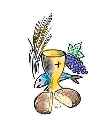 Kelch, Brot, Fisch, Trauben und Weizenähre; religiöses Symbol der Eucharistie.