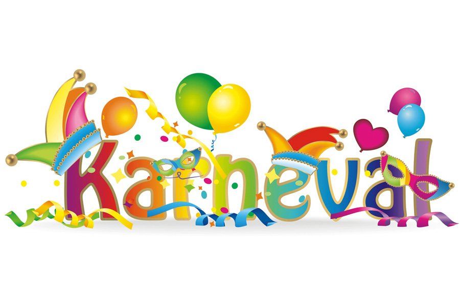 Farbenfroher Schriftzug „Karneval“ mit Luftballons, Konfetti und Narrenkappen zur Feier des Karnevals.