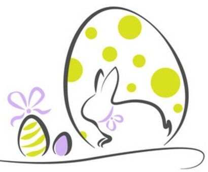 Silhouette eines Osterhasen in einem gepunkteten Ei, daneben verzierte Eier mit Schleifen.