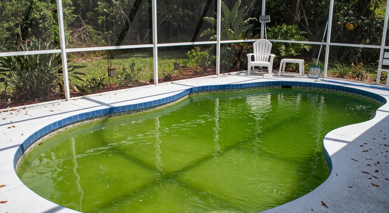Dirty green swimming pool water needing recovery.