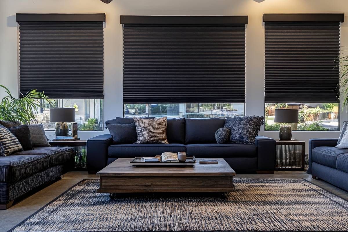 A living room with blackout window treatments that are currently raised at Awnings, Blinds, & Shutters near Turnersville, NJ