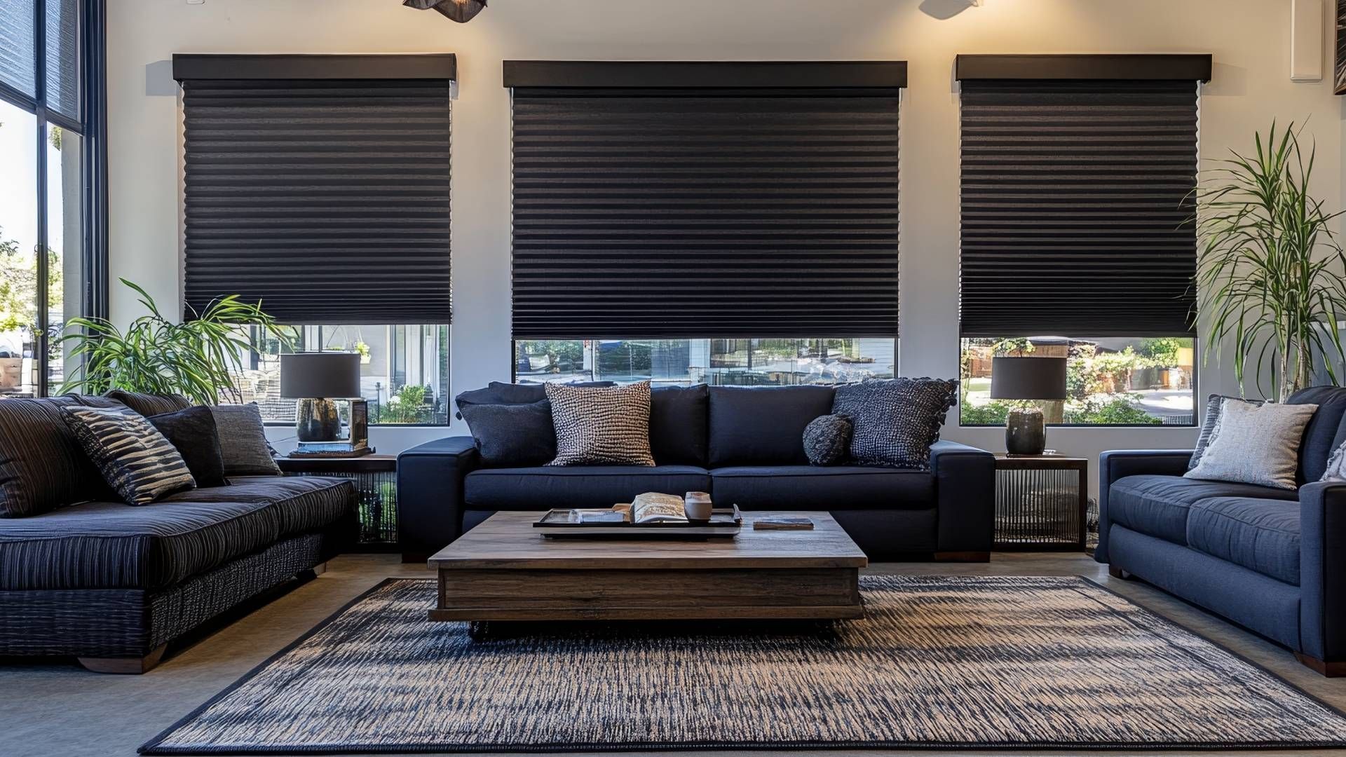 A living room with blackout window treatments that are currently raised at Awnings, Blinds, & Shutte