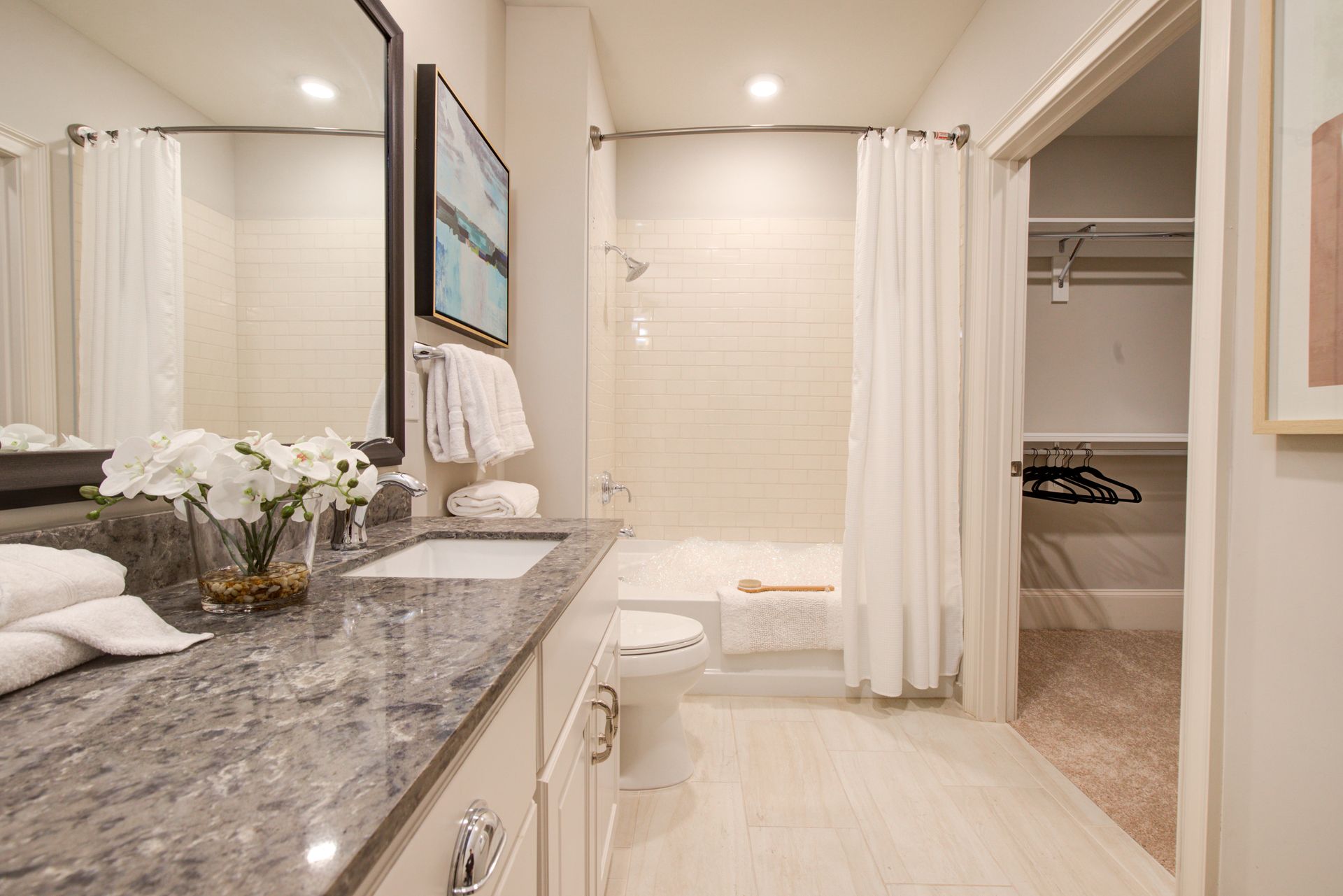 Bathroom with double sink vanity, tub/shower, and walk-in closet. Light gray granite countertop, white walls, wood floor.