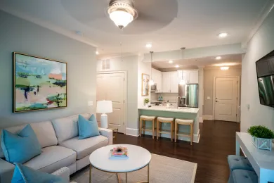 Cozy living space with sofa, open kitchen, and neutral color palette.