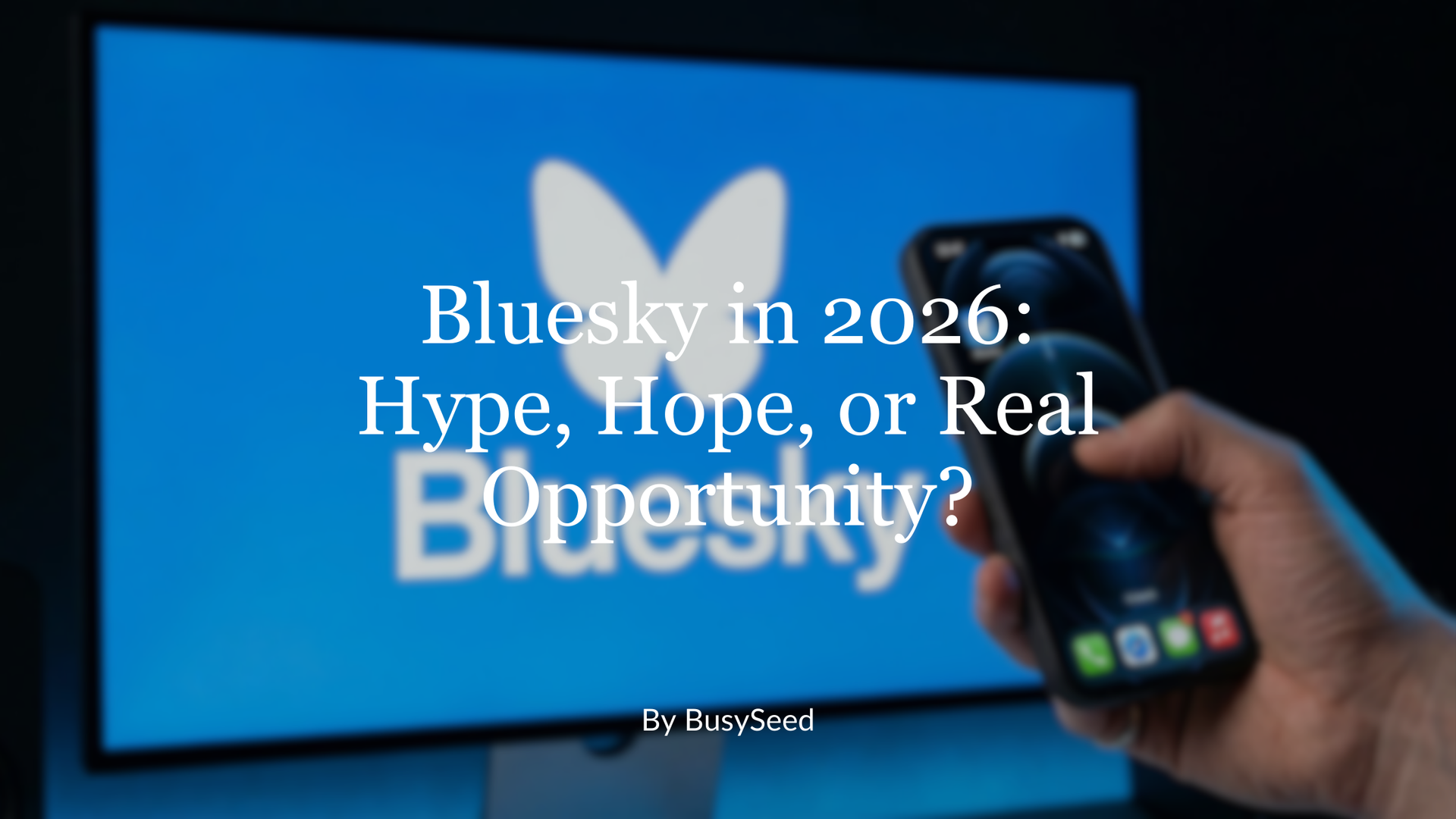 A hand holding a smartphone in front of a blue monitor displaying the Bluesky logo and the title,
