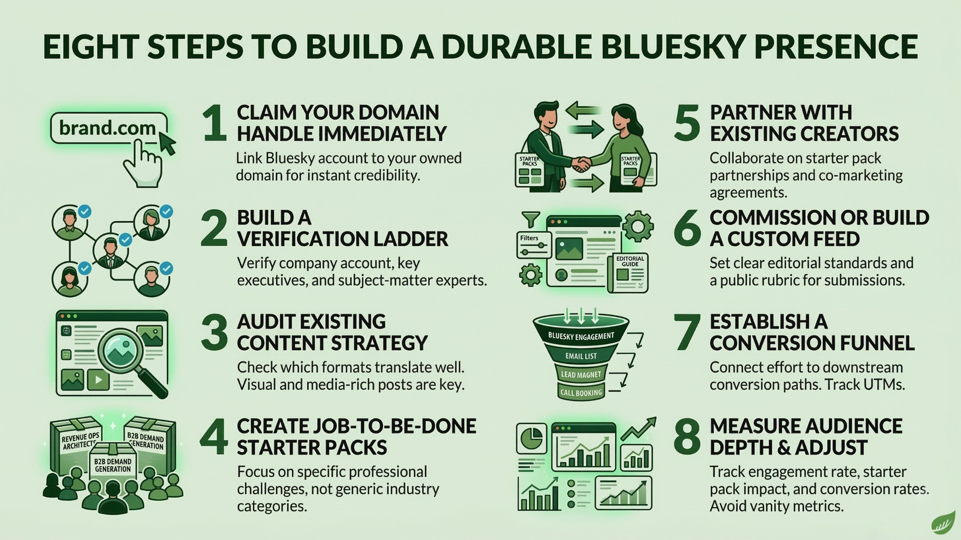 Infographic: Eight steps for building a durable Bluesky presence, displayed in a two-column list with icons in light green.