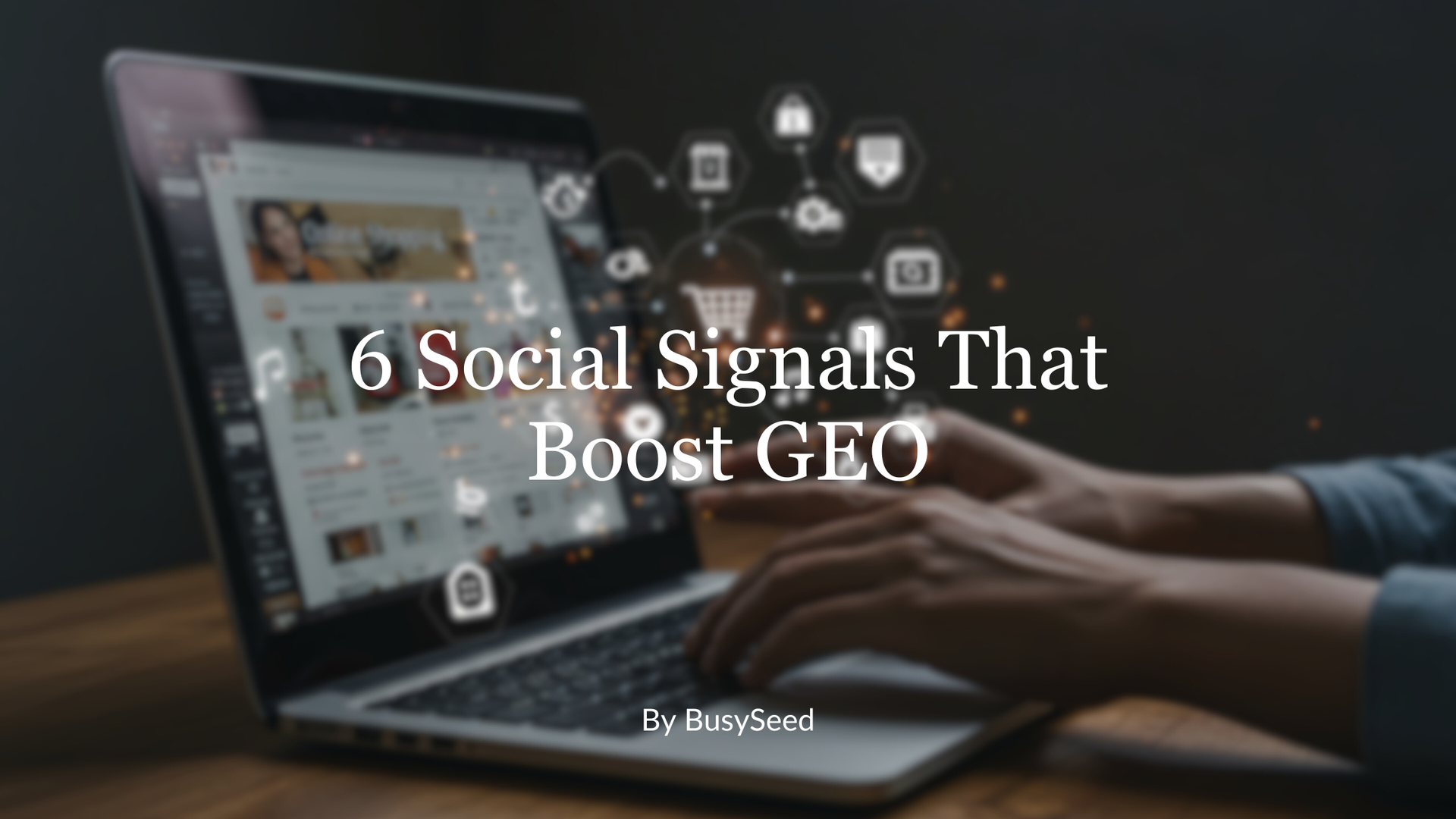 Person typing on laptop, with text 