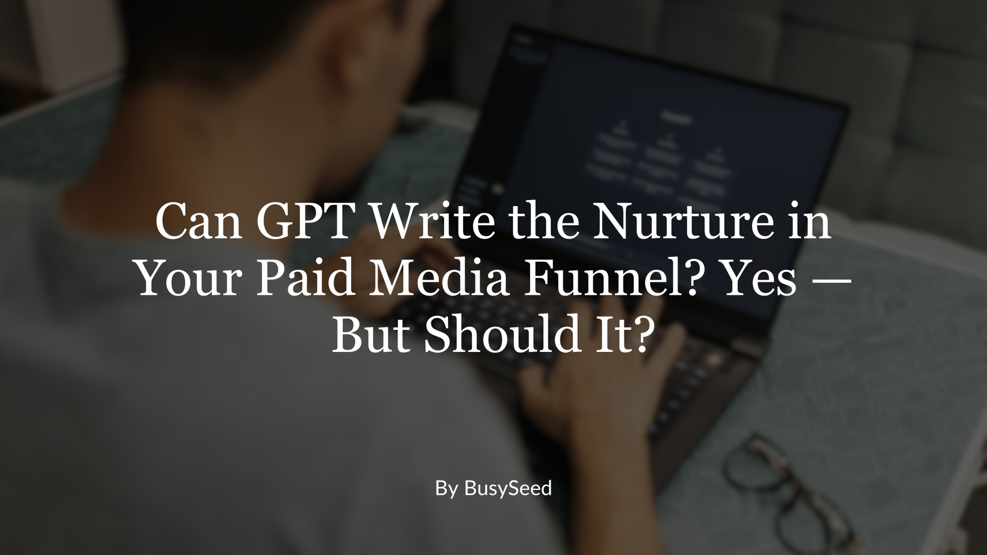 Man typing on a laptop with text overlay: 