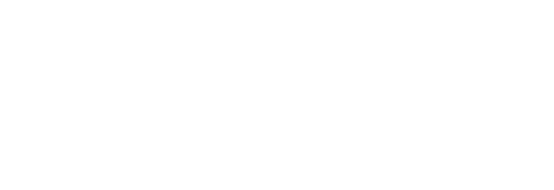 A logo for busy seed with a green leaf on a white background.
