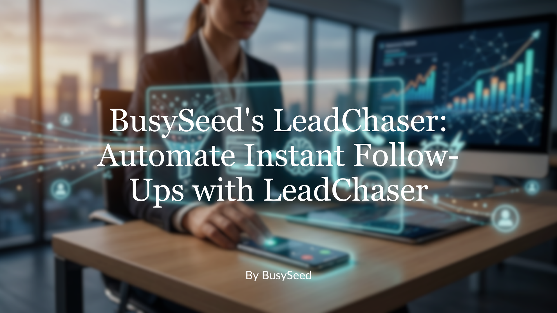 Business dashboard with glowing AI icons and text: “BusySeed’s LeadChaser: Automate Instant Follow-Ups with LeadChaser”