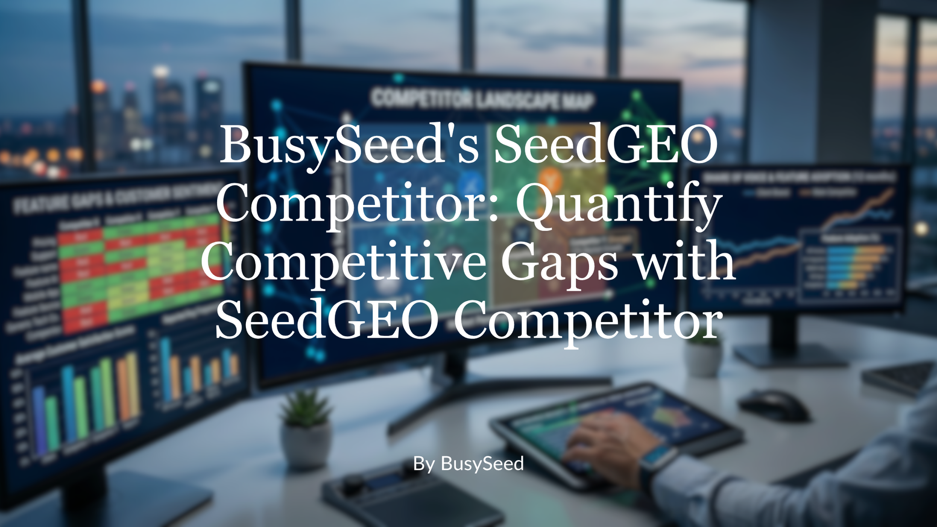 Dashboard screens with trading charts and overlaid text about BusySeed’s SeedGEO competitor analysis