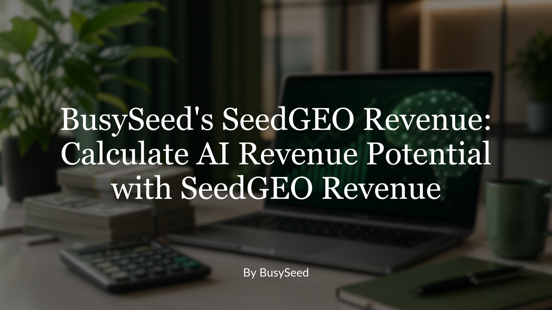 BusySeed SeedGEO Revenue title over blurred office desk with laptop, calculator, and plant