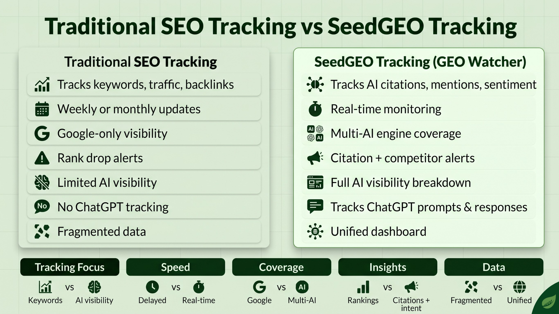 Traditional SEO vs SeedGEO tracking comparison chart with green background and two columns