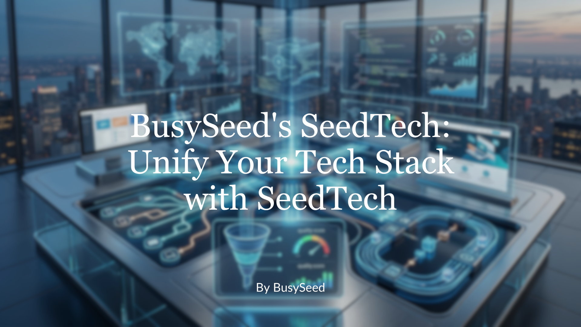BusySeed SeedTech dashboard with white headline over a blue, futuristic data center background