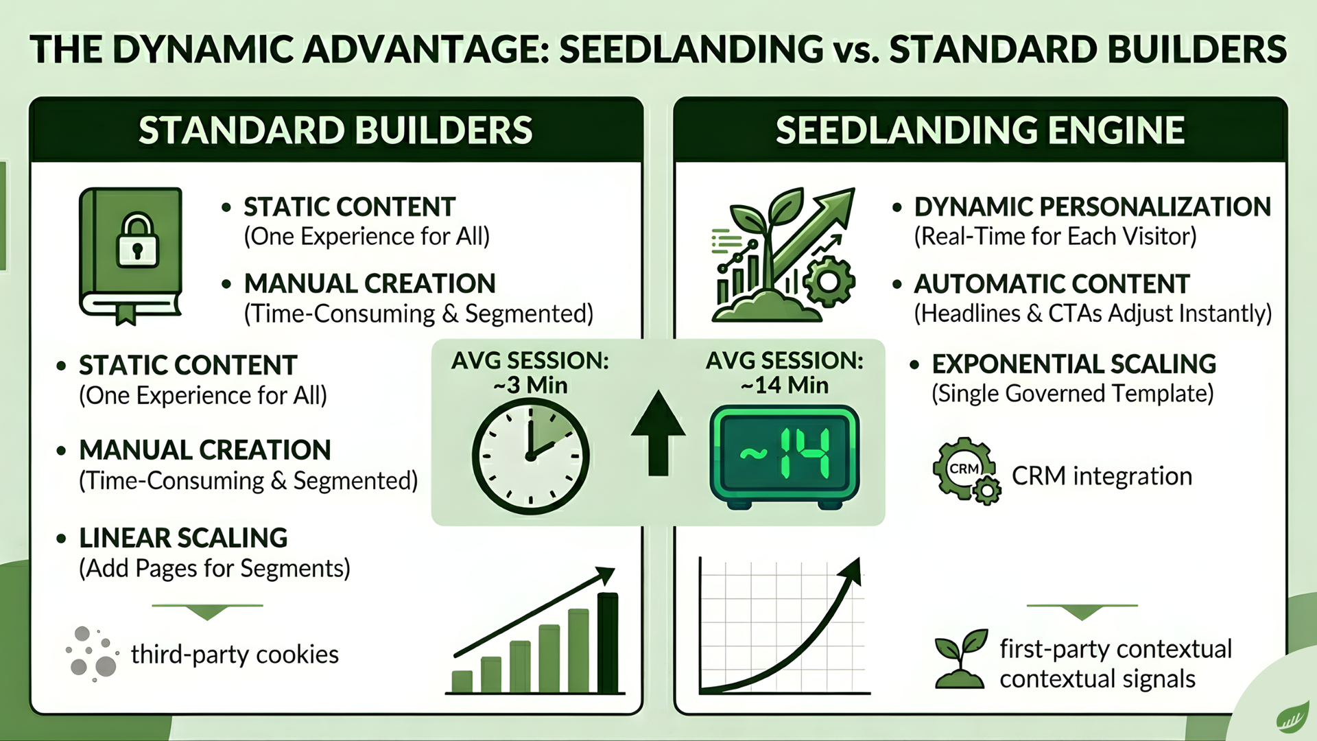 Infographic comparing standard builders vs seedling design, with green charts, clocks, and growth arrows