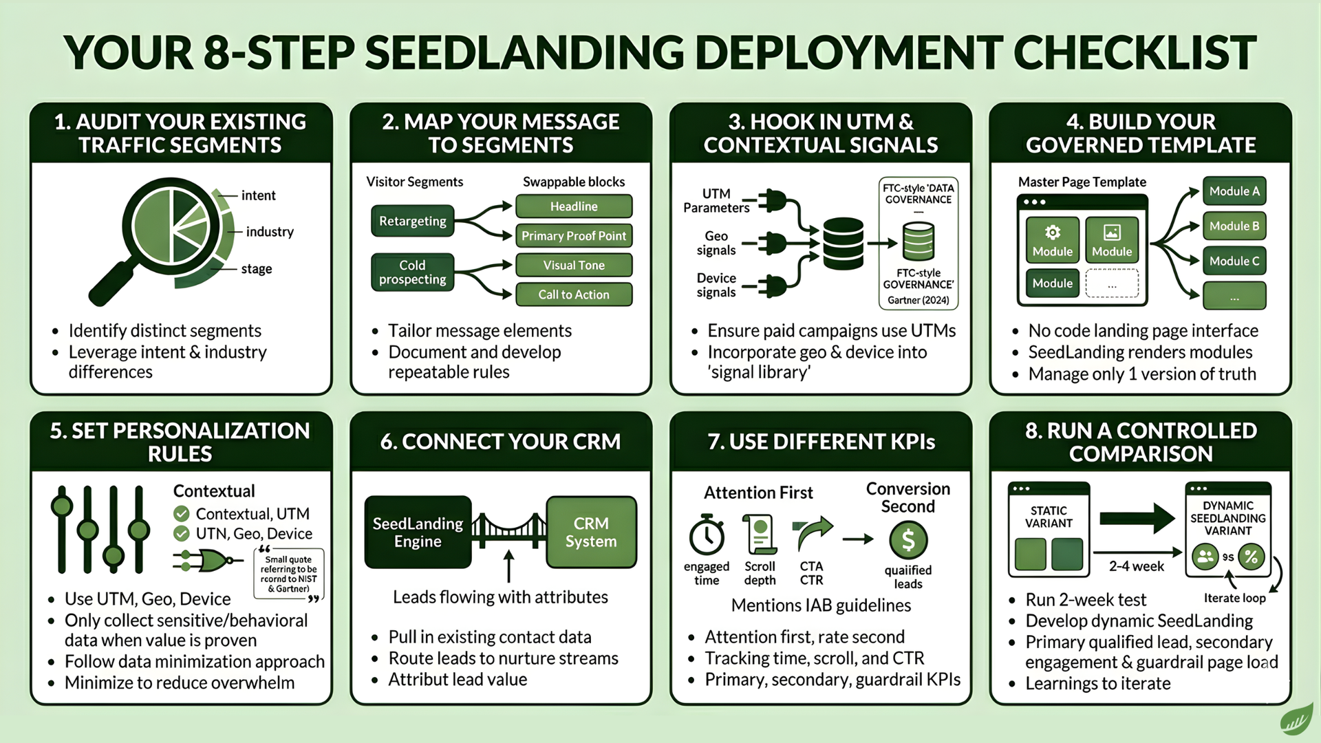 8-step seedlanding deployment checklist infographic with green panels and icons on white background