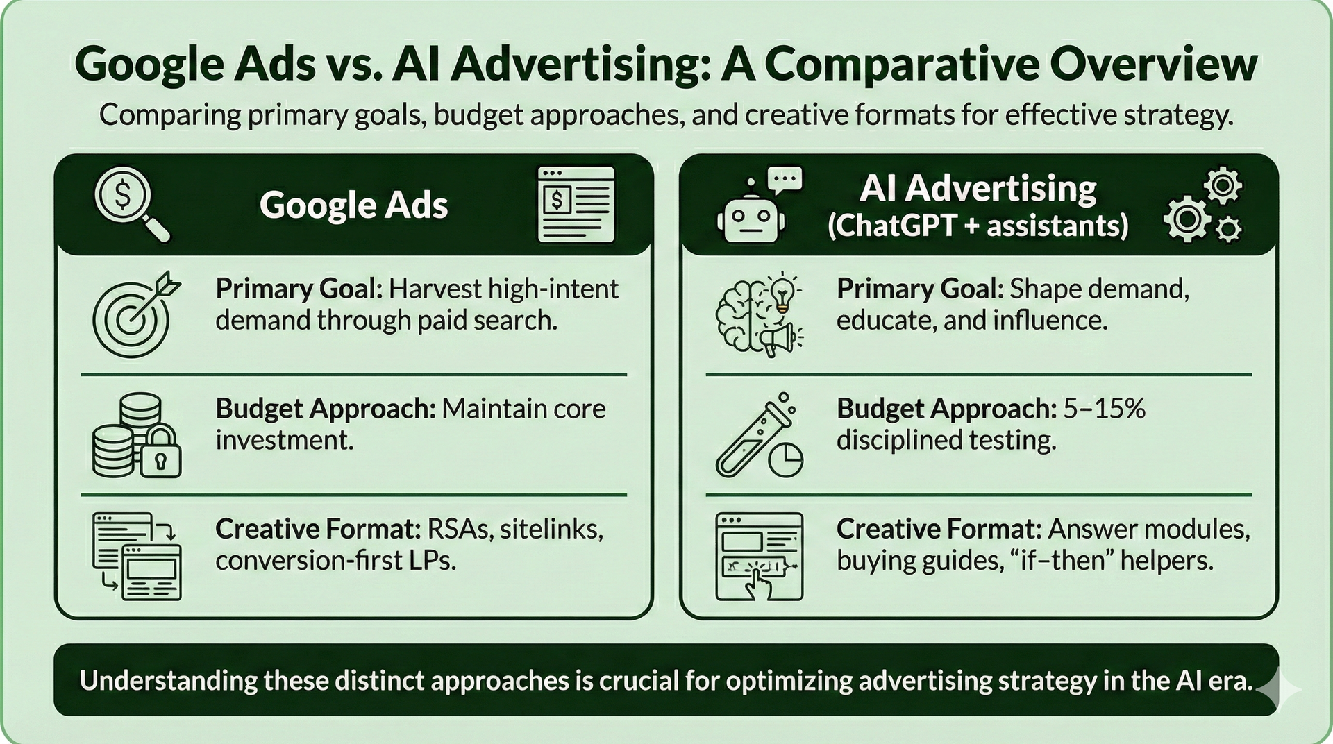 Comparison chart of Google Ads vs. AI Advertising, with goals, budget, and creative formats.