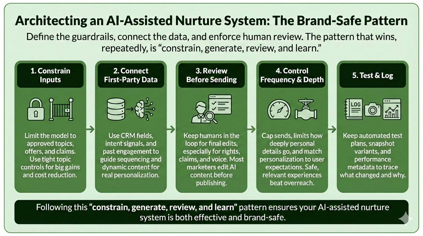 Diagram: Brand-safe AI-assisted nurture system. Shows steps: constrain inputs, connect data, review, control frequency, and log.