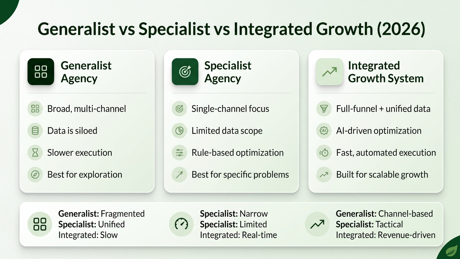 Comparison chart titled “Generalist vs Specialist vs Integrated Growth (2026)” with three green columns and checkmark bullet points