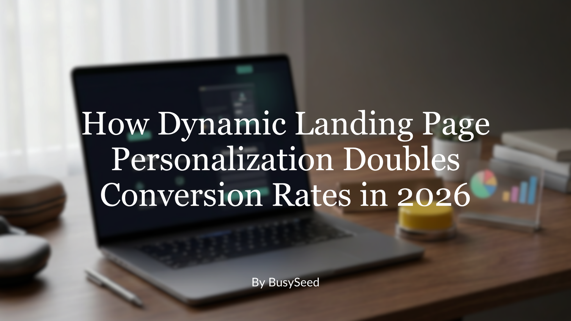 Laptop on desk with headline about dynamic landing page personalization doubling conversion rates in 2026
