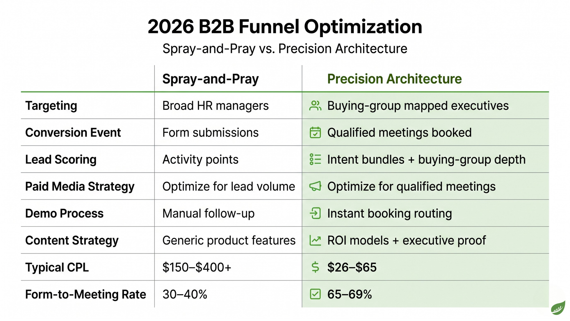 Slide showing 2026 B2B funnel optimization table comparing current state and preferred strategy across six areas.