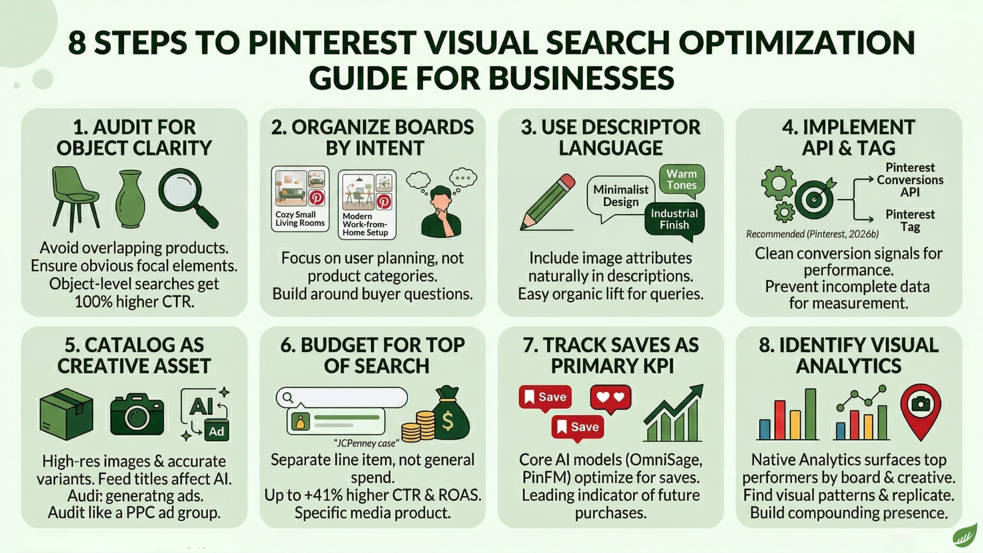 An infographic showing 8 steps to optimize Pinterest visual search for businesses, featuring icons and brief text for each.