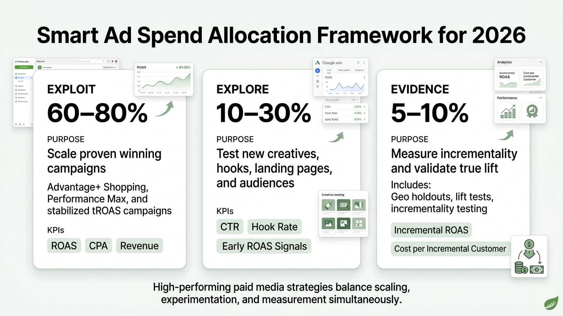 Smart Ad Spend Allocation Framework for 2026 infographic with three spend tiers and marketing channel examples