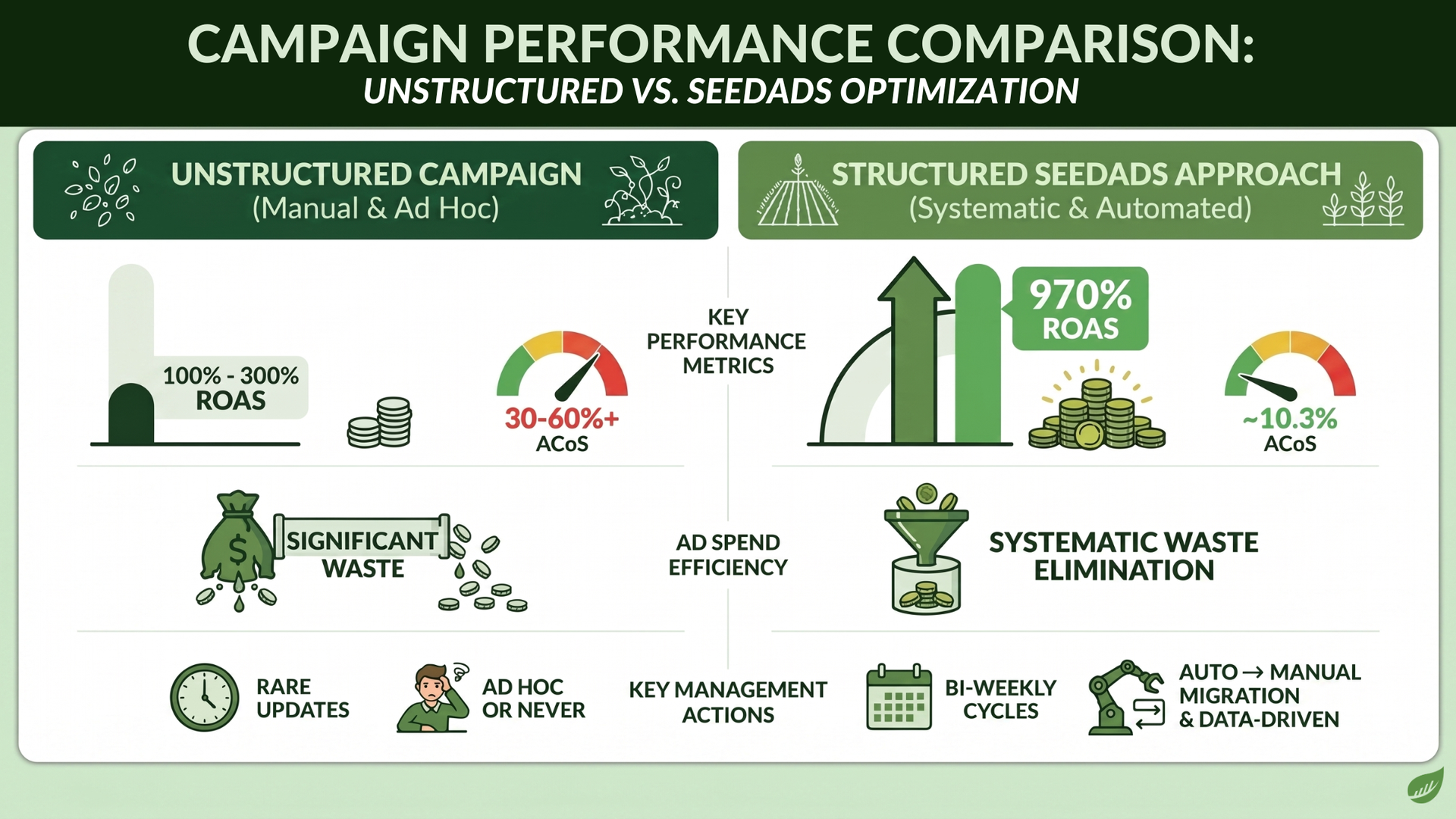 Infographic comparing campaign performance with green waste-reduction metrics and charts