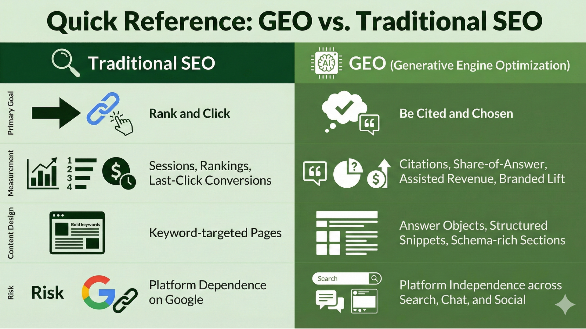 Comparison of Traditional SEO vs. GEO, showing metrics, actions, and risks, on a dark green background.